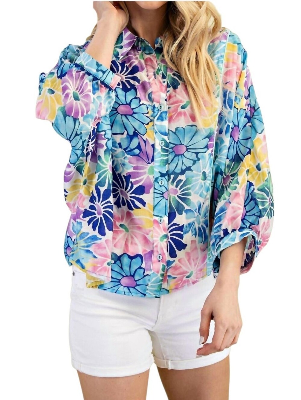 Women's Gigio Floral Print Button Front  Top Sz Large